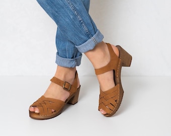 Swedish Clog Sandals,Brown Mid Heel Clogs,Peep Toe Women Clogs,Burgundy Clog Sandals,Navy Blue Clogs,Navona Clogs, Mia