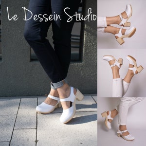 White leather clogs,Swedish clogs,Summer women shoes,Heel clogs,Women heel sandals,Full toe clogs,Women heel,Leather clogs,White sandals