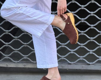 Brown Suede Adjustable Strap Mule Sandals, Black Nubuck Clog Sandals, Green Mid Heel Clogs, Handmade Clogs, Brown Clog Mules, Kaya