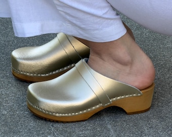 Golden Leather Clog Mules,Black Mule Clogs,Swedish Clogs,Women Black Mule,Low Heel Clogs, Silver Swedish Clogs,Gold Retro Clogs, Rina
