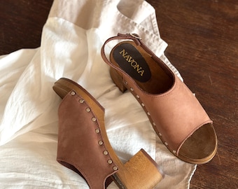 Ada - Wooden Sandals,Swedish Clog Sandals,Brown Clogs,High Heel Sandals,Brown Nubuck Sandals,Handmade Women Sandals,Navona Clogs