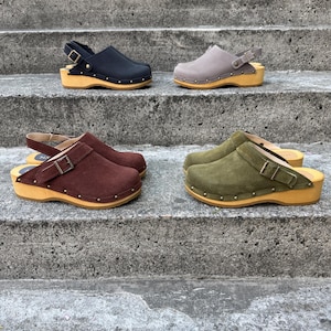 Adjustable Strap Mule Sandals, Black Nubuck Clog Sandals, Green Mid Heel Clogs, Handmade Clogs, Brown Clog Mules, Kaya