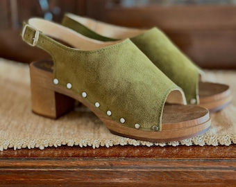 Ada - Swedish Wooden Sandals,Swedish Clog Sandals,Brown Clogs,High Heel Sandals,Brown Nubuck Sandals,Handmade Women Sandals,Navona Clogs