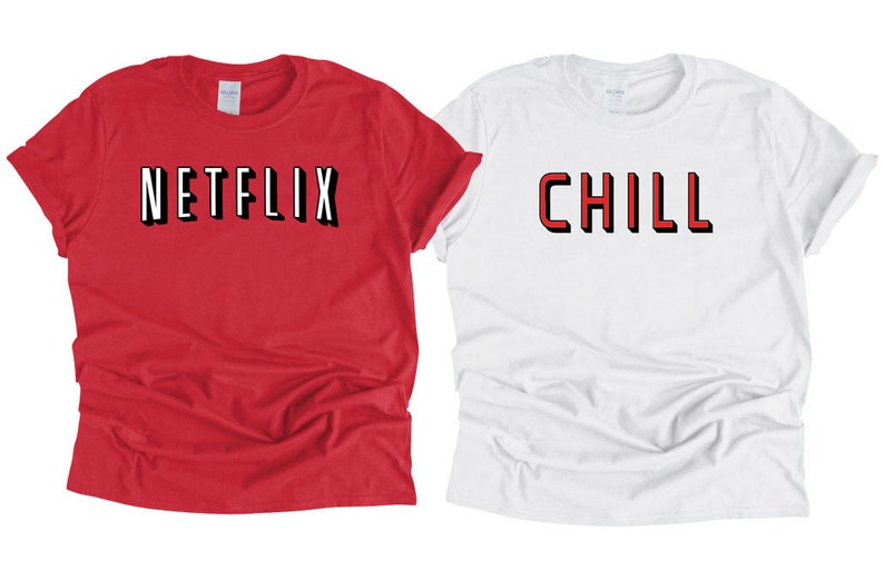 Netflix and Chill Parody Couples Halloween Costume T-Shirt COMBO Valentine's Matching Shirts Movie Night Tee afbeelding 1