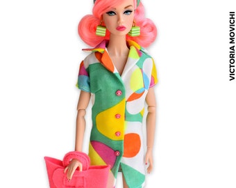 Outfit - lined multicolor dress, purse, earrings, headband, knee socks for 12'' Dolls.