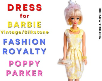 Yellow lined dress with white pattern, belt, purse, earrings, bracelet, headband, necklace - Fashion Royalty, Barbie, Poppy Parker 12'' Doll