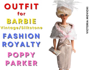Beige lined brocade dress, fur bolero, mesh headpiece, purse, earrings for 12 inch Barbie, Fashion Royalty, Poppy Parker dolls