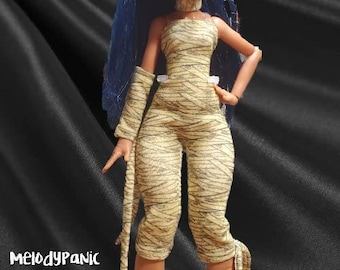 MelodyPanic Creations: "MUMMIFIED" Jumpsuit | Monster High | Recreation | Doll Clothes | New Size | Wraps | Tan | Halloween | Fashion |