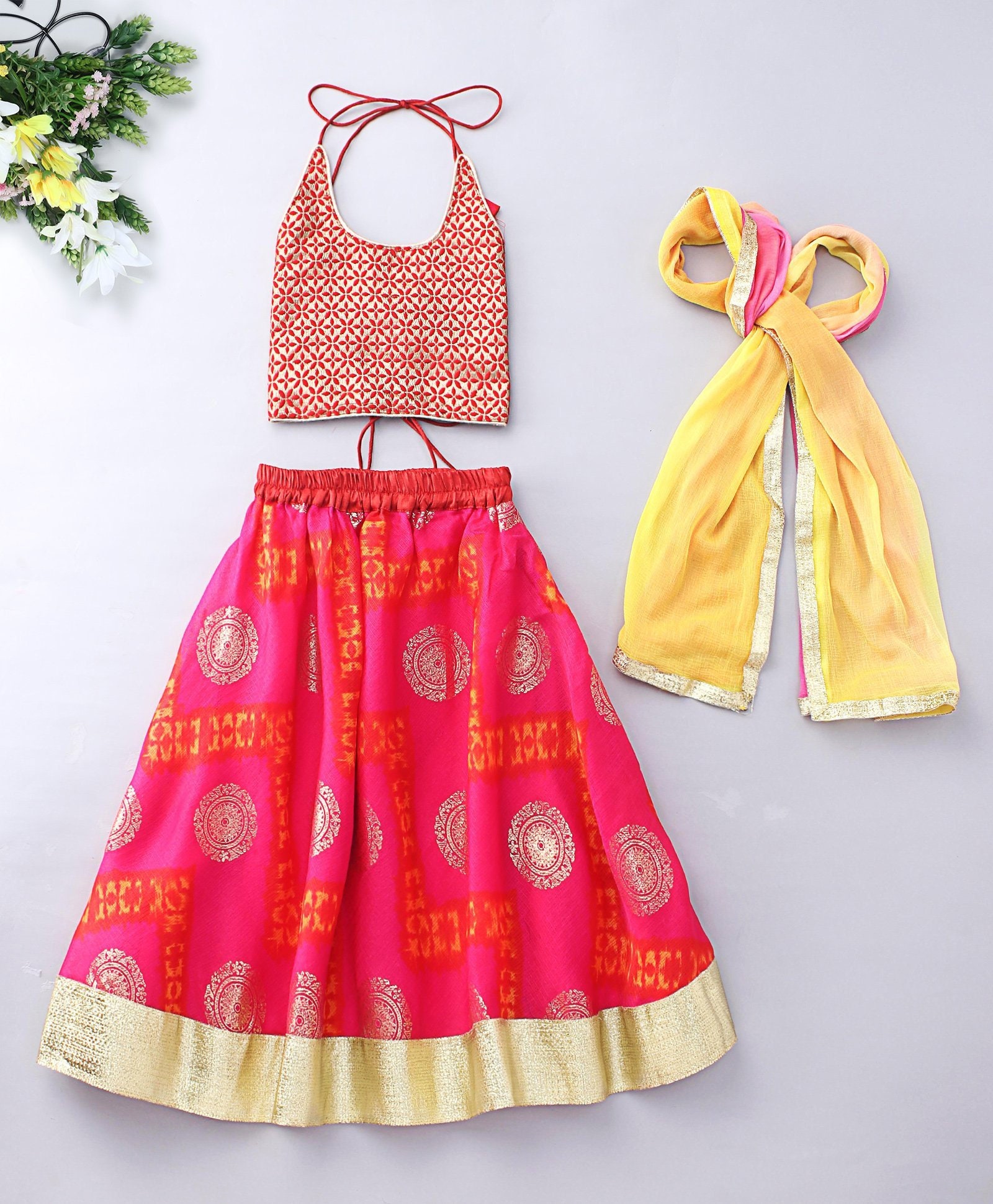 Girls Yellow Chanderi Skirt and Choli Set with Dupatta Girls Ethnic  Girls Indian Dress  Girls Party Dress Indian Wear