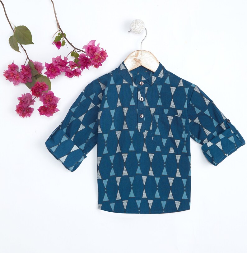 Indigo Geometric Print Short Kurta Diwali Dress for Boys Indian Wear Boys Ethnic Wear Boys Traditonal Indian Wear Boys