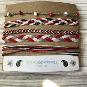 Ohio State Inspired, Sacred Heart, Nebraska, College Wax Cord Bracelets, Red/White/Grey String Bracelets