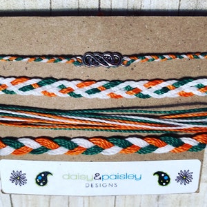 University of Miami, Irish Inspired Set, Green, Orange and White, Wax Cord Bracelets, String Bracelets, Waterproof, Bracelet