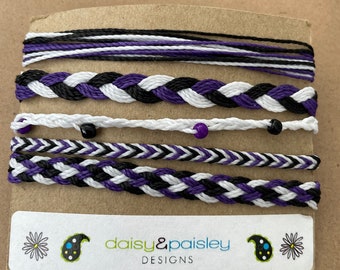 Purple/Black/White String Bracelets, College Bracelets, Game Day Bracelets