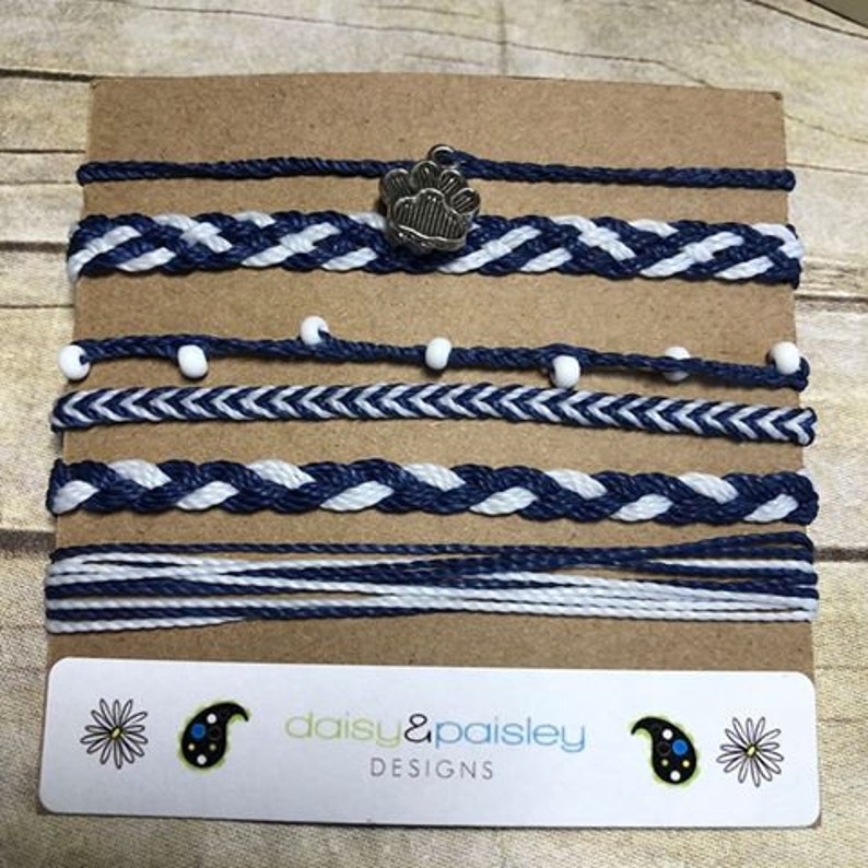 College Wax Cord Bracelet Penn State Inspired Stack Friendship Bracelet String Bracelet Bracelets White/&Blue Stack