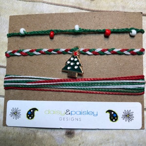 Christmas Bracelets, Red, White and Green, Christmas Charm Wax Cord Bracelets, Friendship Bracelets, String Bracelets, Waterproof