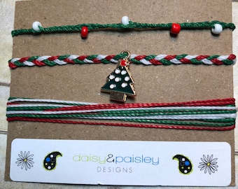 Christmas Bracelets, Red, White and Green, Christmas Charm Wax Cord Bracelets, Friendship Bracelets, String Bracelets, Waterproof