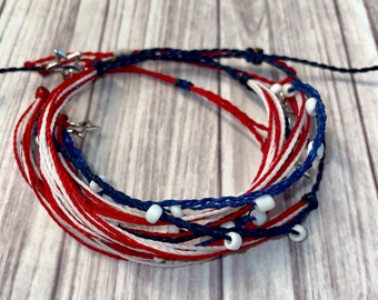 USA, 4th of July Wax Cord Bracelet or Anklet, Friendship Bracelet, String Bracelet, Waterproof, Linhastia Cord, Patriotic, Red White Blue