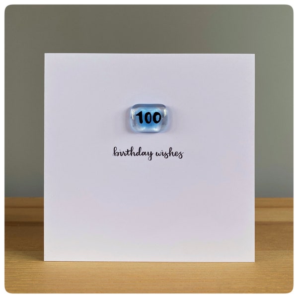 Happy 100th Birthday card with fused glass tile in true blue and hand lettering