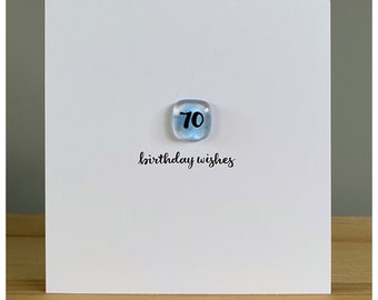 Happy 70th Birthday card with fused glass tile in true blue and hand lettering