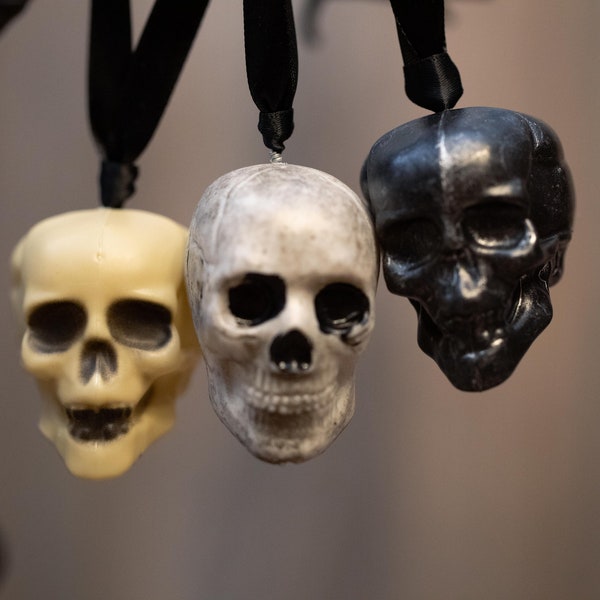 Halloween Skull Ornaments- set of 3- Tan, Grunge, Black