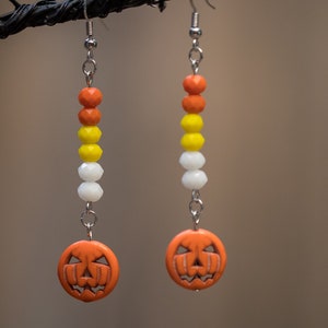 Jack-O-Lantern candy corn dangle earrings, Halloween pumpkin dangle earrings