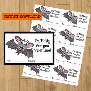 Op de afbeelding: Printbare Valentijnsdagkaarten met een cartoon-vleermuis met de tekst "I'm Batty for you Valentine!"  De kaarten hebben lege regels voor "To:" en "From:".