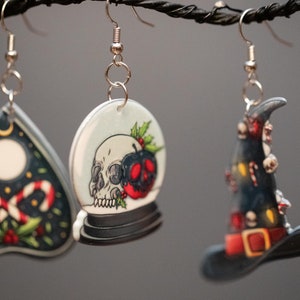 Gothmas Acrylic Earrings: Ouija, Skull Snow Globe, Witch Hat