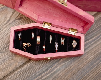 Pink Wooden Coffin Box: Gothic Ring & Jewelry Storage