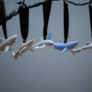 May include: A set of seven small shark figurines hanging from black ribbon. The sharks are white with gray details, except for one which is blue.