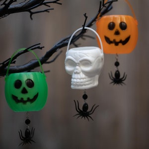 Blow Mold Halloween Bucket Ornament: Pumpkin, Skull, Spider Dangle