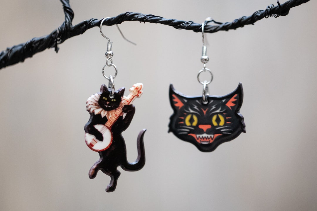 Retro Halloween Cat Earrings Banjo Cat Scaredy Cat Etsy