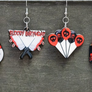 Bloody Birthday Acrylic Earrings, Skull Party Hat, Bloody Knives, Birthday Cake, Balloons