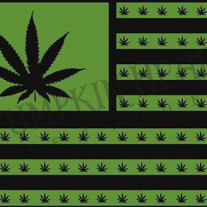 May include: A green marijuana leaf on a black background with green marijuana leaves in a striped pattern.