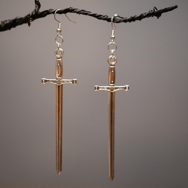 Medieval Long Sword Silver Earrings