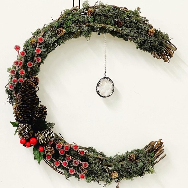 Corona de 14", corona de Yule, corona de media luna, corona de vacaciones, corona de Navidad, decoración navideña, decoración de vacaciones, decoración de la casa