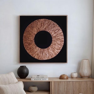 Copper Wall Art Round Textured Modern Circle Artwork Handmade Copper Decor for Living Room  Framed Abstract Canvas