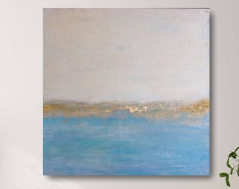 Original wall art ocean wall art beige and blue sea paintings on canvas wall art decor gold wall art abstract art canvas hand painted