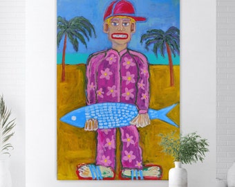 Boy on beach with fish figurative painting boy original neo expressionism art  figurative art one of kind art on canvas