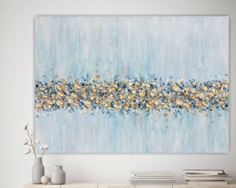 Gold leaf golden painting gold wall art blue 3d textured original hand painted canvas art