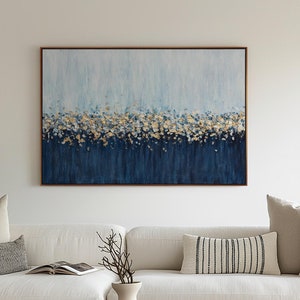 Blue and Gold Wall Art Large Navy Blue Gold Leaf Painting Elegant Oversized Canvas Art for Living Room Bedroom Wall Decor