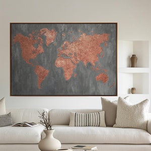 Carte du monde en cuivre surdimensionnée, peinture sur toile texturée faite main, grande décoration murale en cuivre