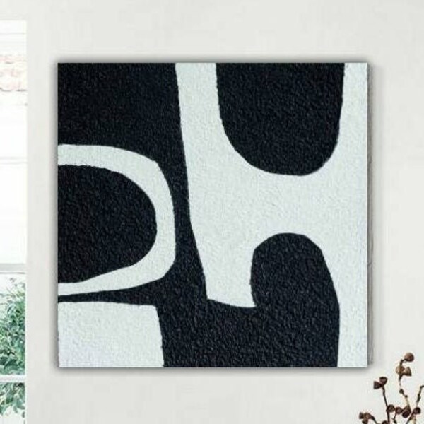 Minimalist wall art black and white painting geometric painting mcm painting  textured painting on canvas