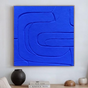 Peinture 3D surdimensionnée Art mural bleu texturé Art 3D moderne Art mural sculptural Oeuvre d'art bleu vif