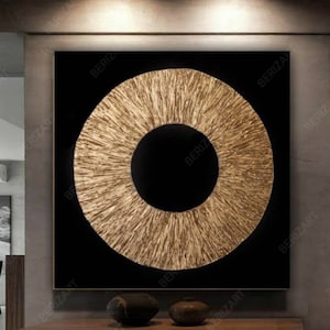 Zwart en goud cirkel muurkunst extra groot 3D getextureerd abstract schilderij op canvas, luxe handgemaakte gouden modern decor
