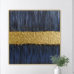 Abstract Art Navy Blue Painting Gold Leaf Wall Art Texture Wall ...