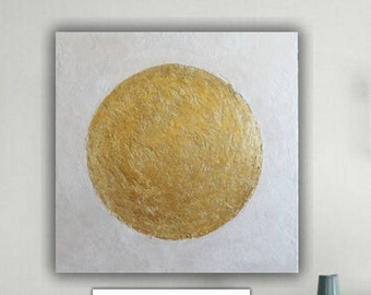 Gold leaf art painting golden circle art abstract round painting white canvas minimalist painting on canvas modern wall art decor