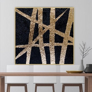 Muurkunst met zwart en bladgoud, abstract canvas schilderij met textuur, modern minimalistisch decor
