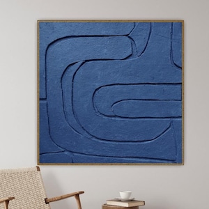 Grande sculpture murale bleue, art mural abstrait bleu marine, art peint à la main, art mural du salon, art mural 3D
