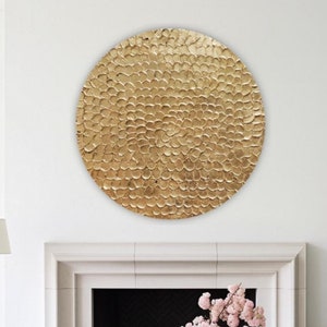 Gold Round Canvas Wall Art Modern Metallic Textured Painting Abstract Art