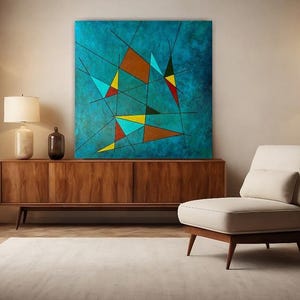 Geometric MCM Canvas Art Teal and Orange Abstract Painting